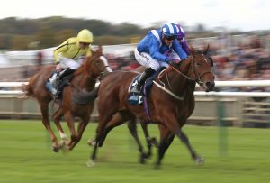 Huboor strides to victory in the British Stallion Studs EBF ‘Jersey Lily’ Fillies Nursery Handicap at Newmarket under Jim Crowley for trainer Mark Johnston (Nigel French/PA)