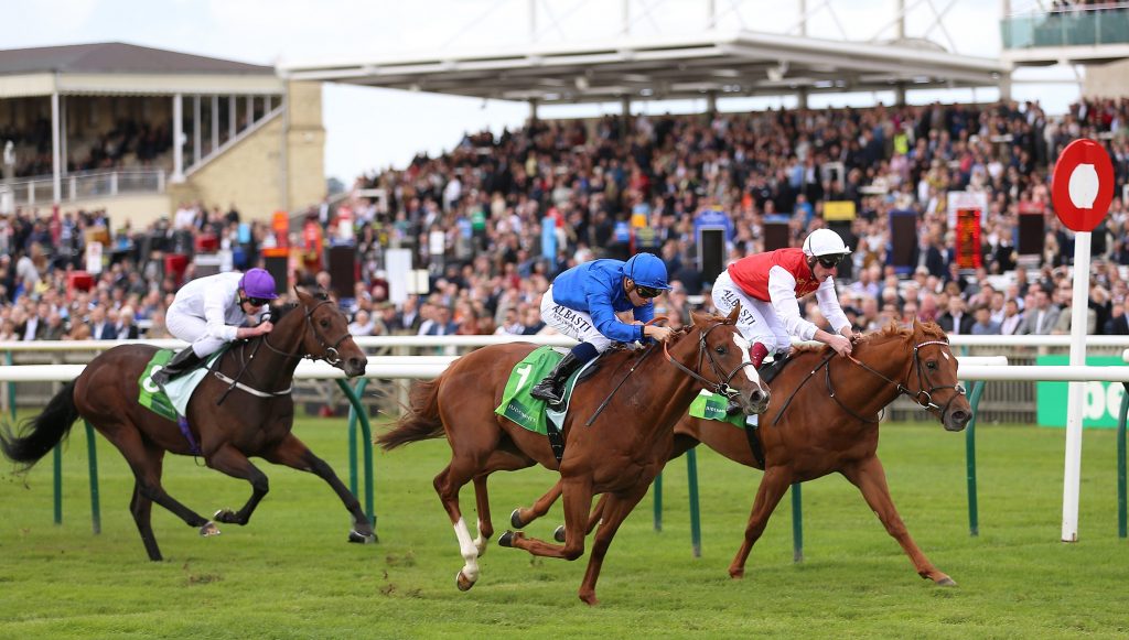 Summer Sands (left) finishing a shock third behind Earthlight and Golden Horde in the Middle Park Stakes at Newmarket