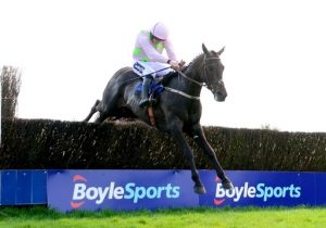 Burrows Saint and Ruby Walsh jump the last to win the Boylesports Irish Grand National from stable companions ISLEOFHOPENDREAMS and NACAPELLA BOURGEOIS.during day two of the Fairyhouse Easter Festival at Firehouse Racecourse, Ratoath