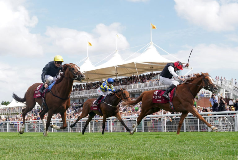 Stradivarius ridden by Andrea Atzeni (left) had to settle for a silver medal behind Kyprios (red cap) in a thrilling finish to the Goodwood Cup last month